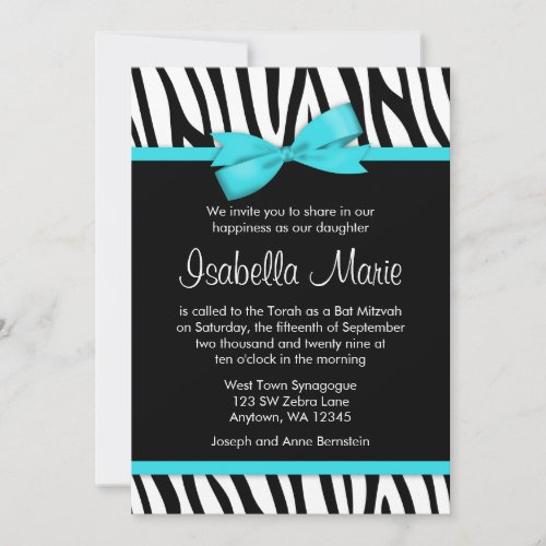 Zebra Teal Blue Printed Bow Bat Mitzvah Invitation