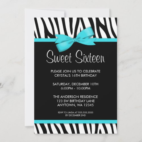 Zebra Teal Blue Printed Bow Sweet 16 Birthday Invitation