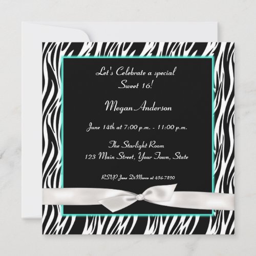 Zebra Teal Blue White Bow Invitation