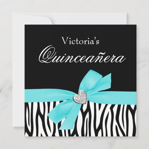Zebra Teal Bow Diamond Quinceanera Invitations