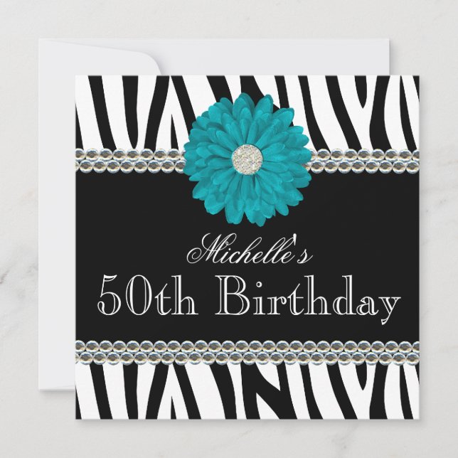 Zebra Teal Daisy Printed Gems 50th Birthday Invitation (Front)