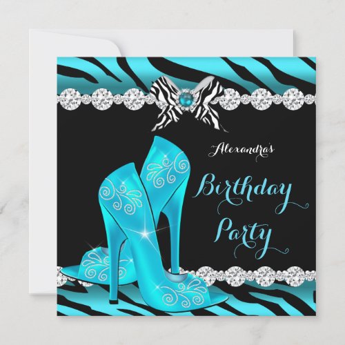 Zebra Teal Glamour High Heels Birthday Party Invitation