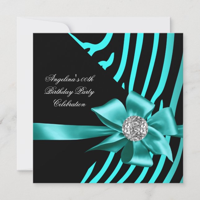 Zebra Teal Silver Jewel Black Elegant Party Invitation (Front)
