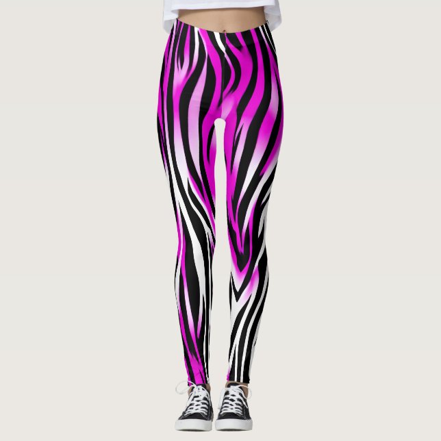 Zebra Tiger Stripe Pink Wild Animal skin pattern Leggings (Front)