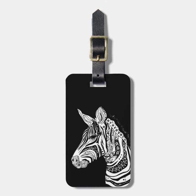 Zebra tribal tattoo themed art luggage tag (Front Vertical)