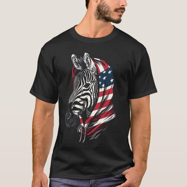 Zebra USA Flag Patriotic American Zoo Animal Safar T-Shirt (Front)