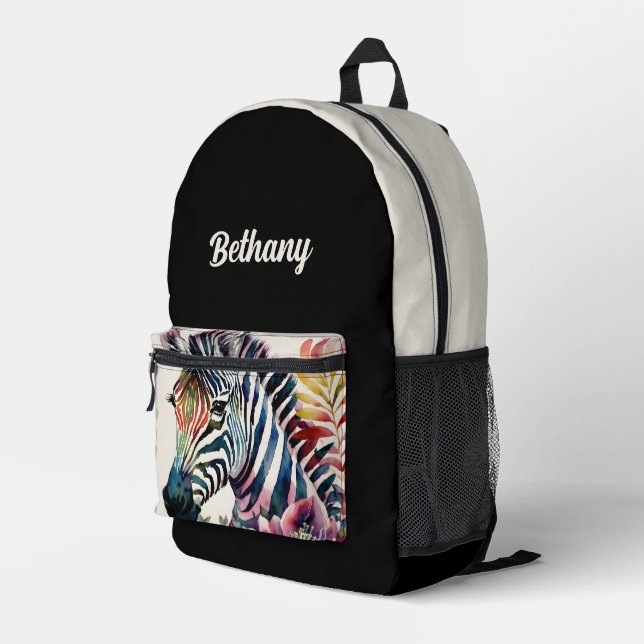 Zebra Watercolor Custom Name Backpack (Back Corner Right)