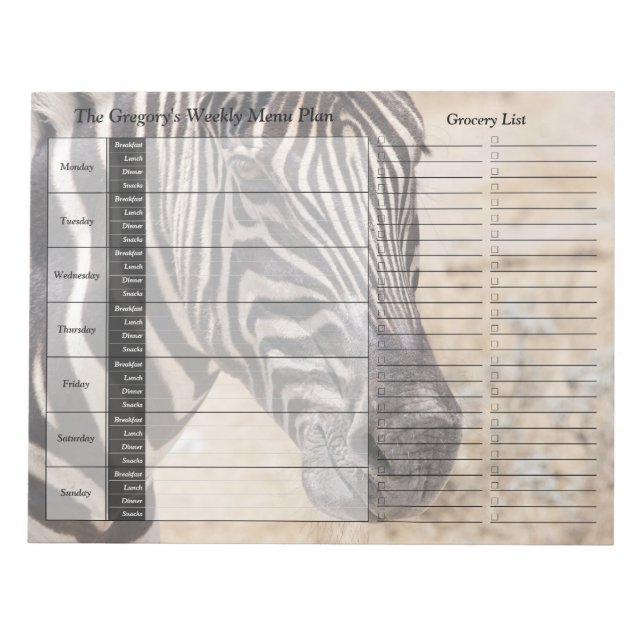 Zebra Weekly Personalized Meal Planner Notepad (Front)