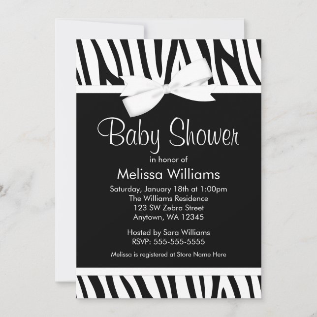 Zebra White Printed Bow Baby Shower Invitation (Front)