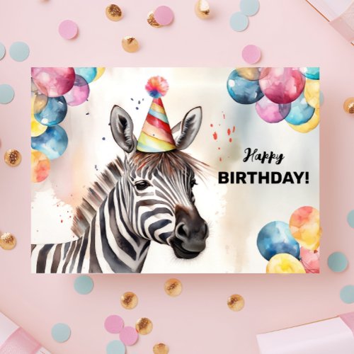 Zebra with Balloons and Party Hat Happy Birthday Card