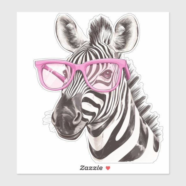 Zebra with Pink Glasses Custom-Cut Vinyl Sticker (Sheet)