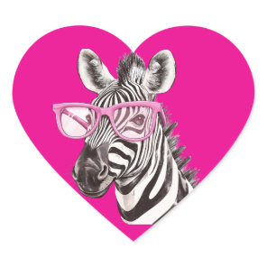 Zebra with Pink Glasses  Dark Pink Background Heart Sticker