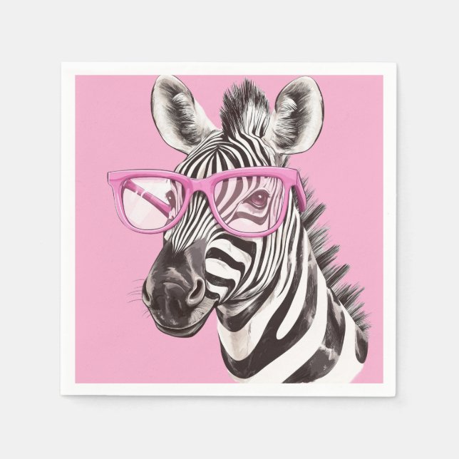 Zebra with Pink Glasses - Light Pink Background Napkins (Front)