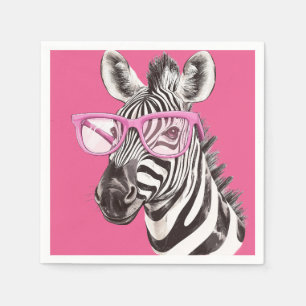Zebra with Pink Glasses - Pink Background Napkins