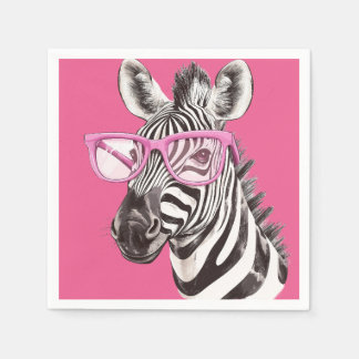 Zebra with Pink Glasses - Pink Background Napkins
