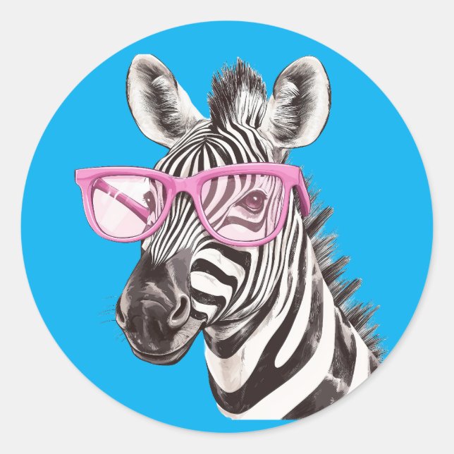Zebra with Pink Glasses Sticker D. Blue Background (Front)