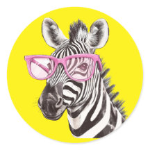 Zebra with Pink Glasses Yellow Background Sticker