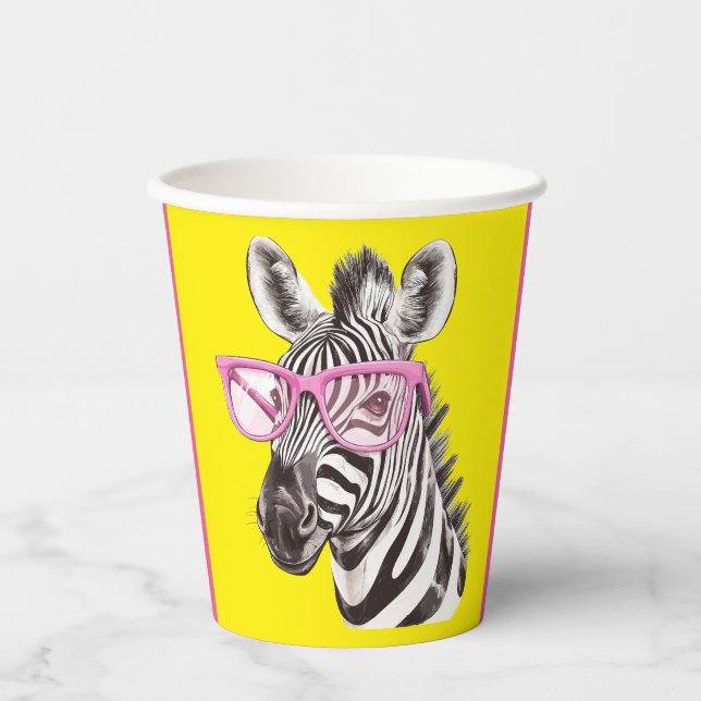 Zebra with Pink Glasses Yellow BG Paper Cups (Front)