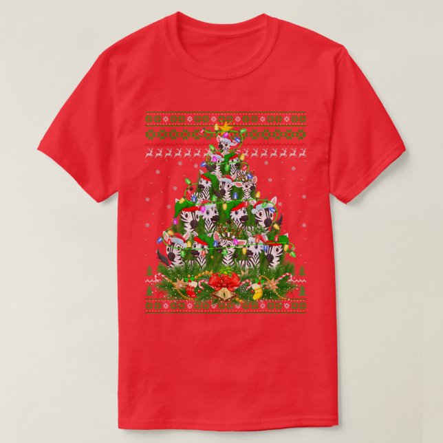 Zebra Xmas Lighting Tree Santa Zebra Ugly Christma T-Shirt (Design Front)