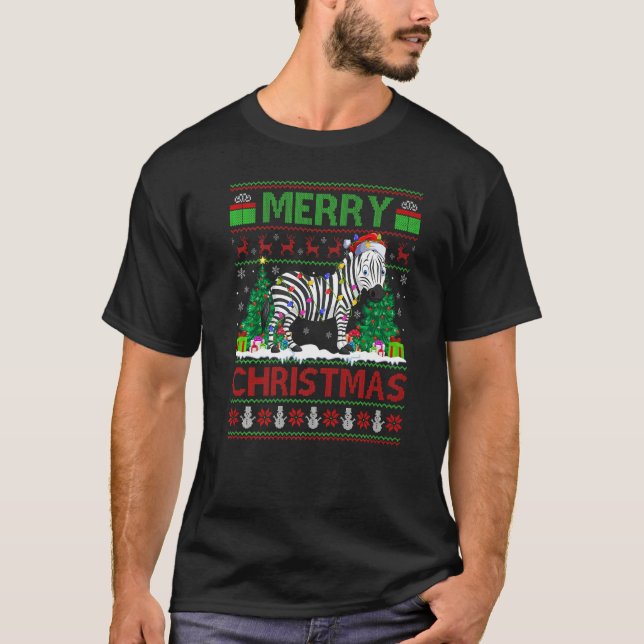 Zebra  Xmas Tree Lights Ugly Santa Zebra Christmas T-Shirt (Front)