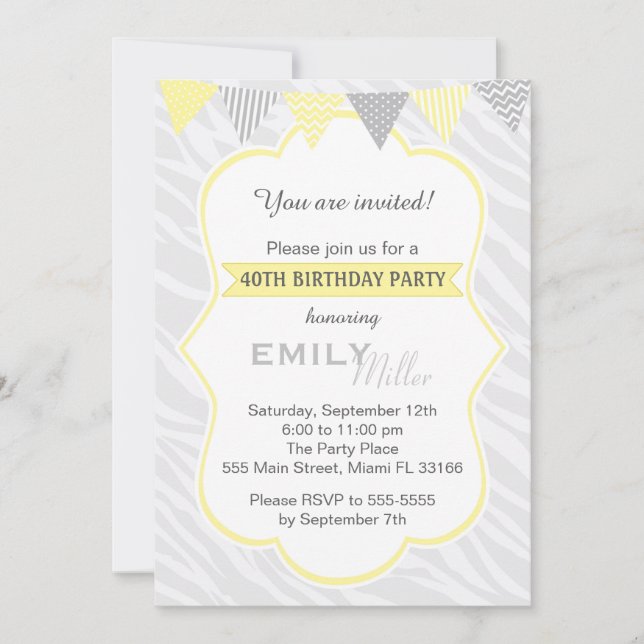 Zebra Yellow Grey 40th Birthday Party Invitation (Front)