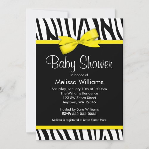 Zebra Yellow Printed Bow Baby Shower Invitations