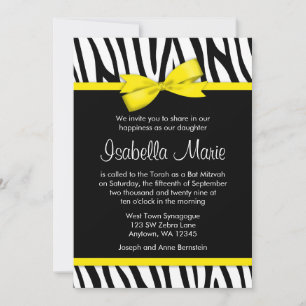 Zebra Yellow Printed Bow Bat Mitzvah Invitations