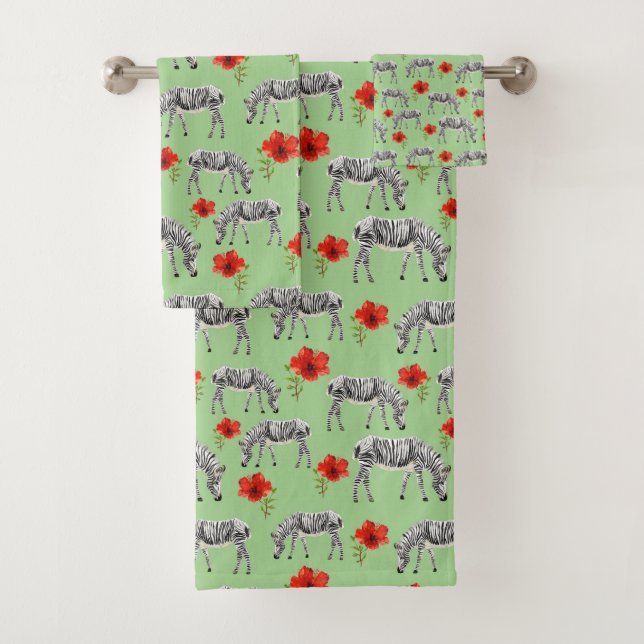 Zebras Among Hibiscus Flowers Bath Towel Set (Insitu)