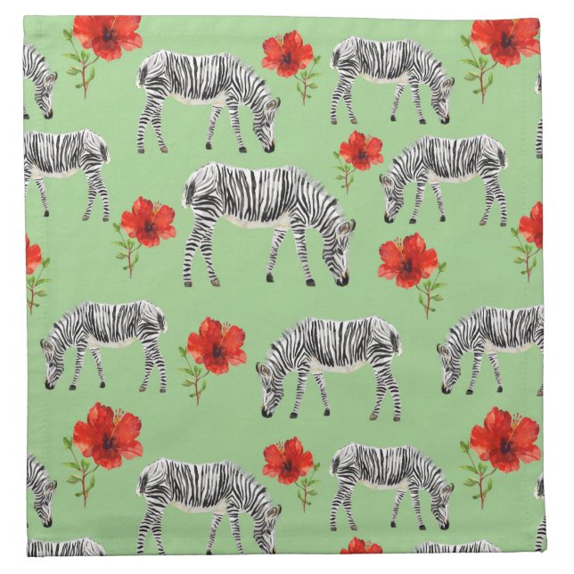 Zebras Among Hibiscus Flowers Cloth Napkin (Front)