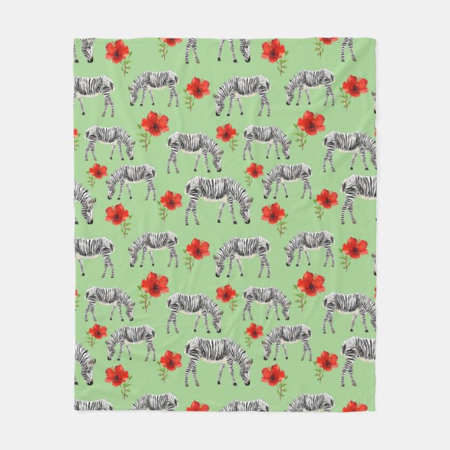 Zebras Among Hibiscus Flowers Fleece Blanket (Front)