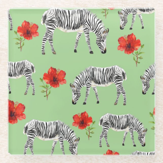 Zebras Among Hibiscus Flowers Glass Coaster (Front)