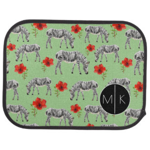 Zebras Among Hibiscus Flowers   Monogram Car Mat