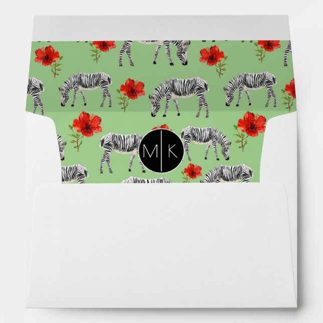 Zebras Among Hibiscus Flowers | Monogram Envelope (Back (Bottom))