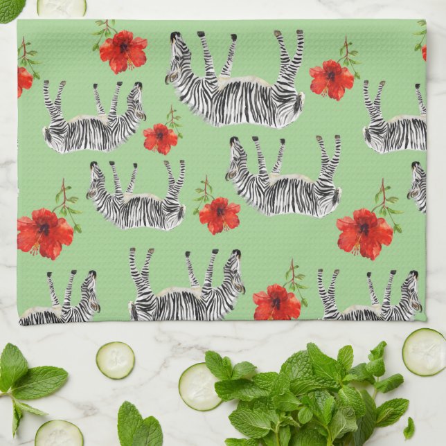 Zebras Among Hibiscus Flowers | Monogram Kitchen Towel (Folded)