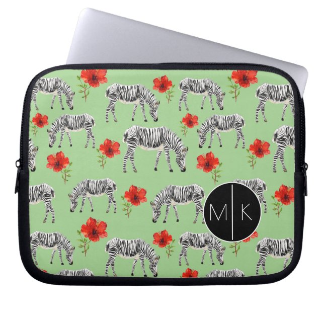 Zebras Among Hibiscus Flowers | Monogram Laptop Sleeve (Front)