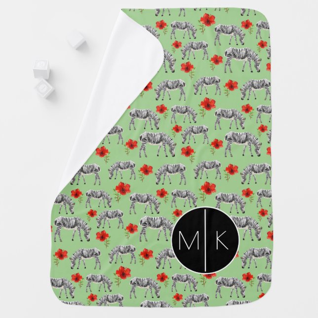 Zebras Among Hibiscus Flowers | Monogram Swaddle Blanket (In Situ)