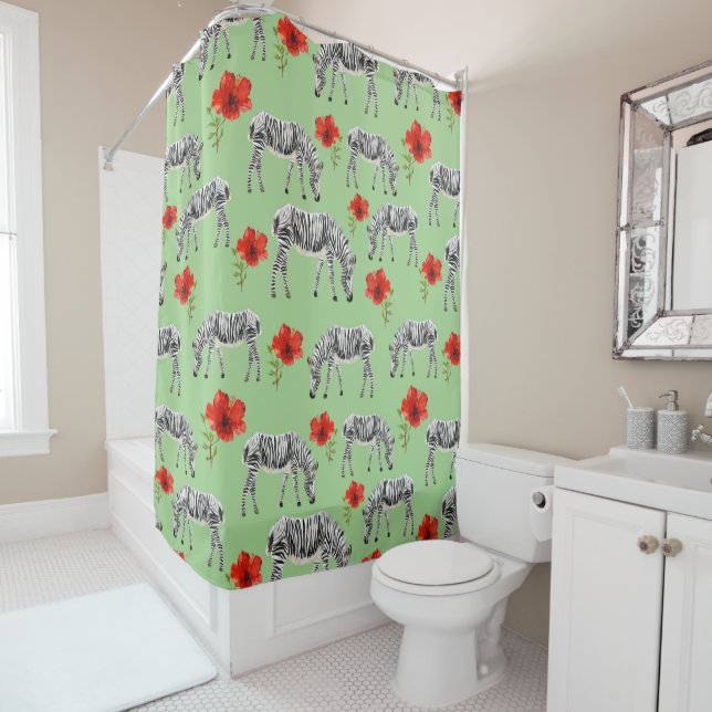 Zebras Among Hibiscus Flowers Shower Curtain (In Situ)