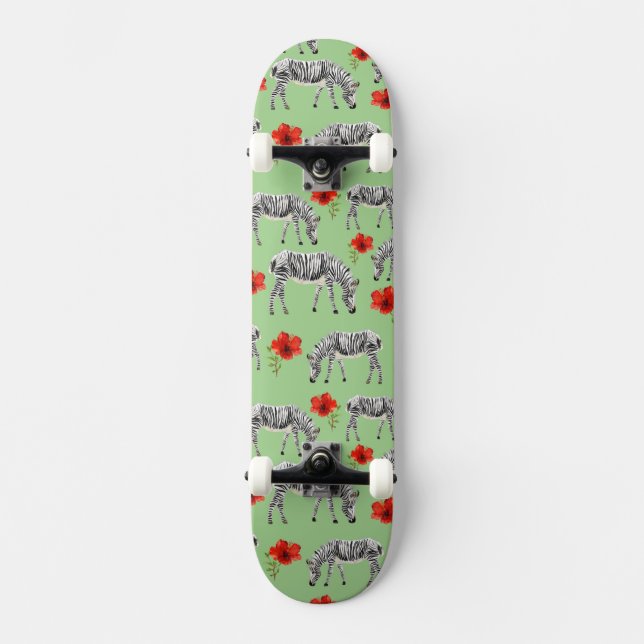 Zebras Among Hibiscus Flowers Skateboard Deck (Front)