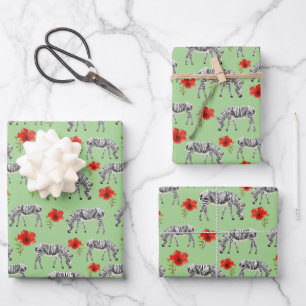 Zebras Among Hibiscus Flowers Wrapping Paper Sheets