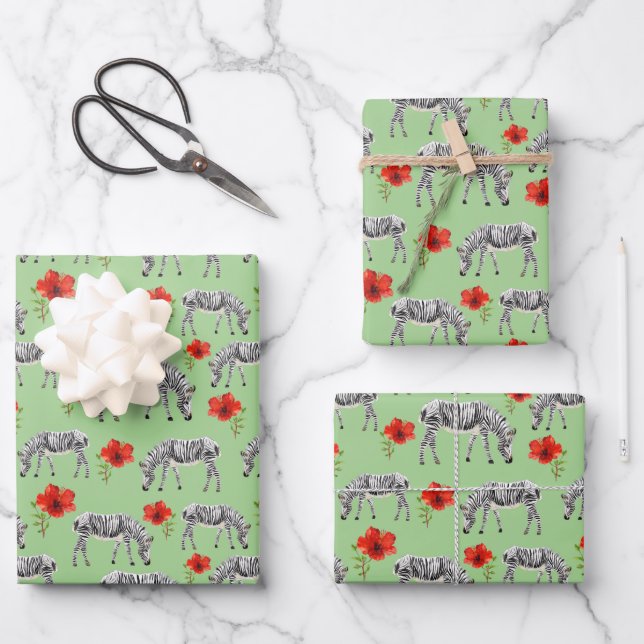 Zebras Among Hibiscus Flowers Wrapping Paper Sheets (Front)