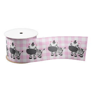Zebras On Pink Gingham Satin Ribbon