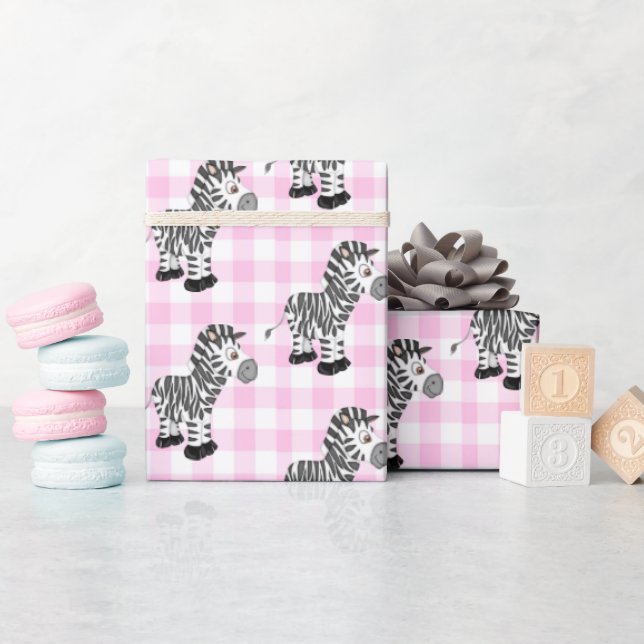 Zebras On Pink Gingham Wrapping Paper (Baby Shower)