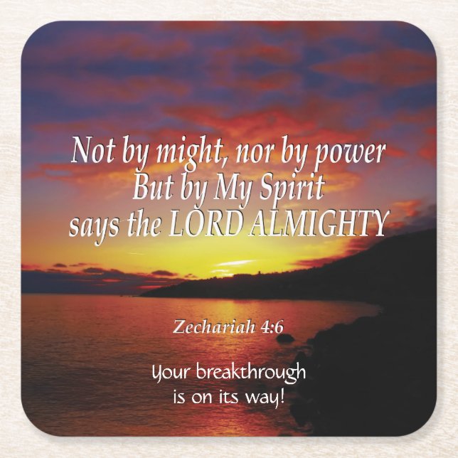 Zechariah 4:6 NOT BY MIGHT Inspirational Scripture Square Paper Coaster (Front)