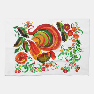 Zeichnung eines Hahns im Volksstil. Kitchen Towel