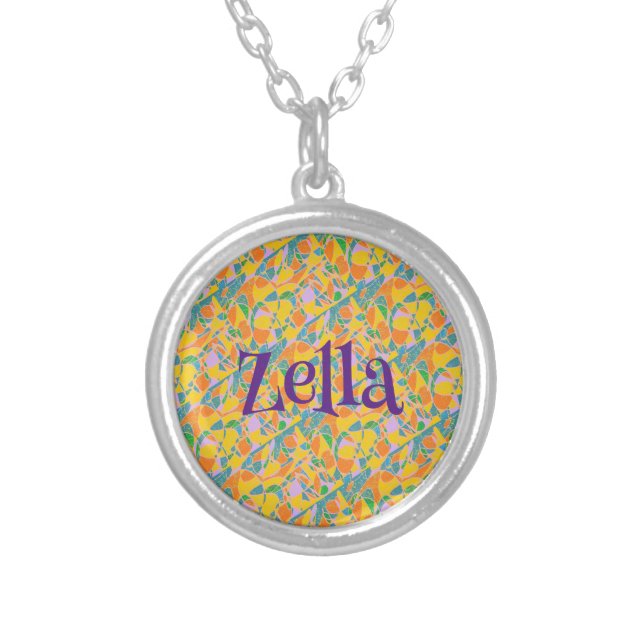 Zella female name with cheerful abstract art backg silver plated necklace (Front)