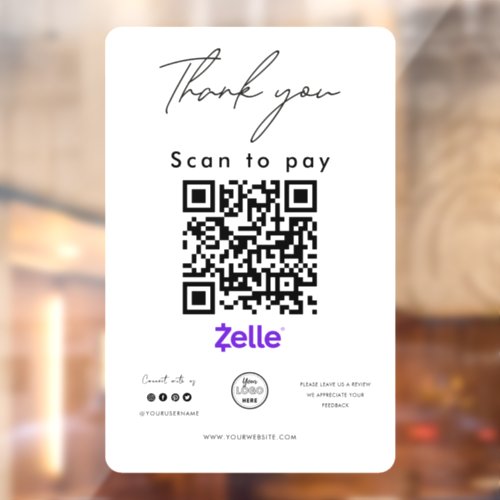Zelle QR Code Logo Scan to Pay Thank you Window Cling