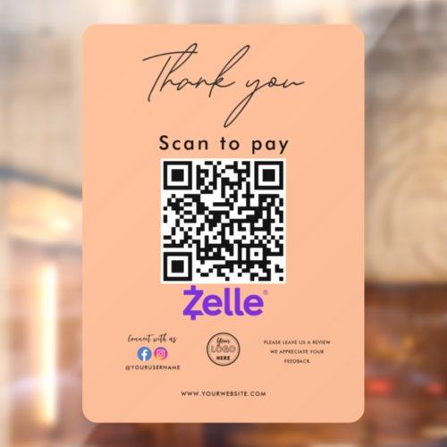 Zelle QR Code Logo Thank you Scan to Pay Window Cling