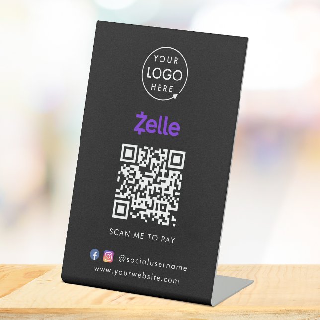 Zelle QR Code Payment | Black Scan to Pay Business Pedestal Sign (Interactive "scan to pay” QR code cash wrap table signage for collecting digital payment by Zelle.)