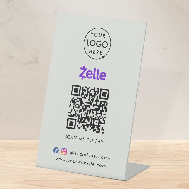 Zelle QR Code Payment | Scan to Pay Business Gray Pedestal Sign (Interactive "scan to pay” QR code cash wrap table signage for collecting digital payment by Zelle.)
