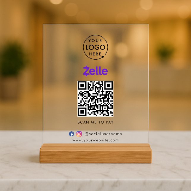 Zelle QR Code Payment | Scan to Pay Business Logo Acrylic Sign (Interactive "scan to pay” QR code cash wrap acrylic sign for collecting digital payment by Zelle.)